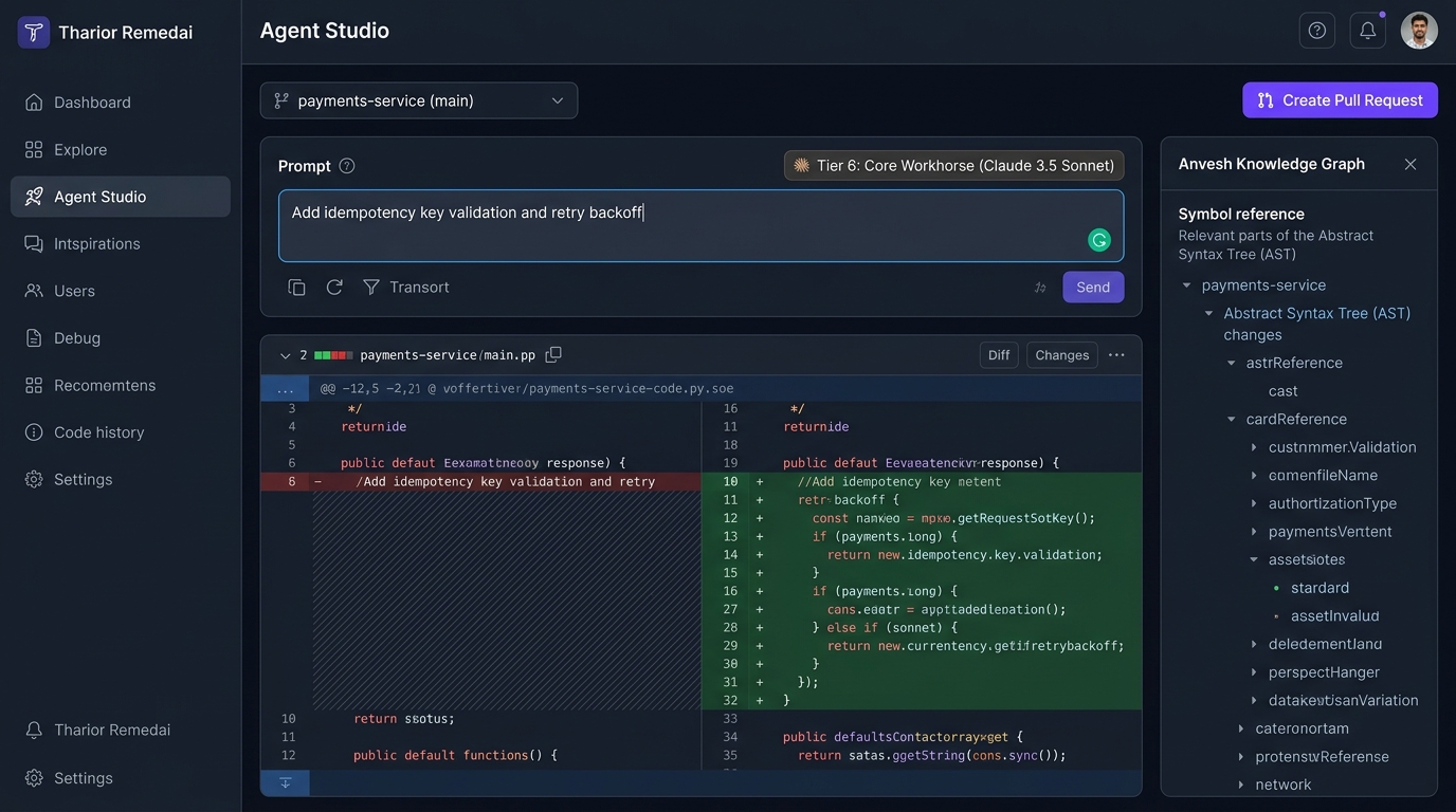 Agent Studio Desk Screenshot showing prompt input, tier badge, Anvesh knowledge graph panel, and unified diff