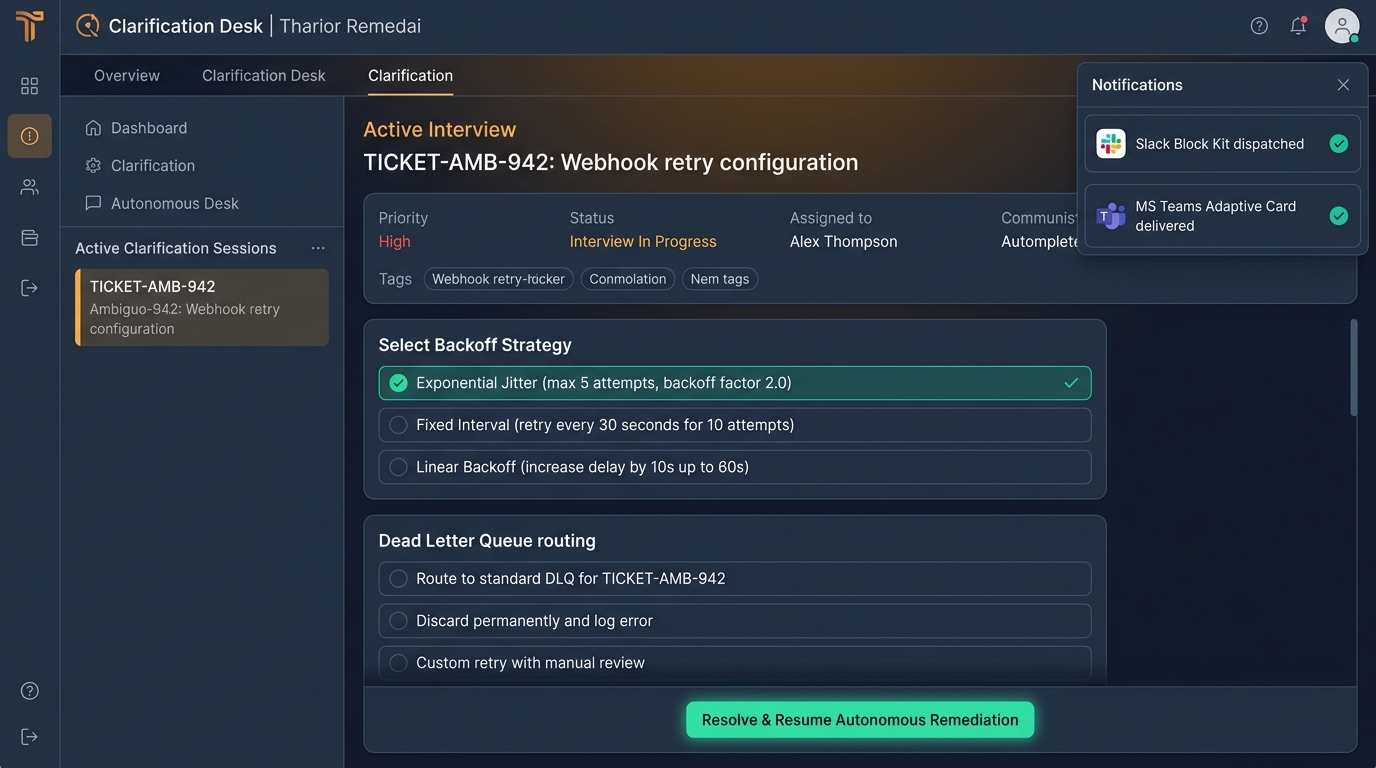 Clarification Desk Screenshot showing active interview cards, Slack and Teams notifications, and resolve button