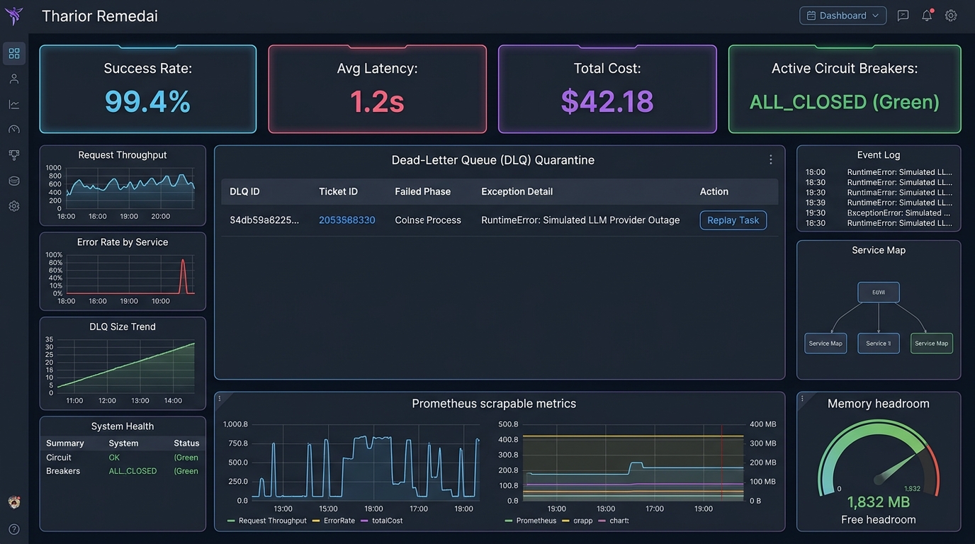 Observability and DLQ Desk Screenshot showing KPIs, Prometheus charts, Dead Letter Queue table, and memory headroom gauge