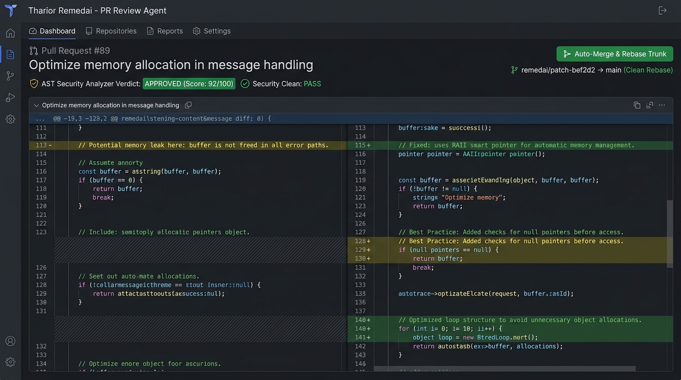 Git PR Review Desk Screenshot showing AST security verdict badge, inline line comments, and auto-merge rebase trunk button